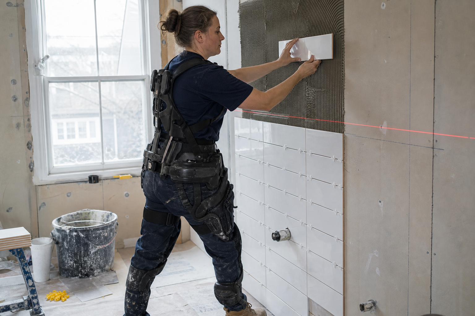 Carreleuse posant un carreau mural, exosquelette lombaire le long du dos