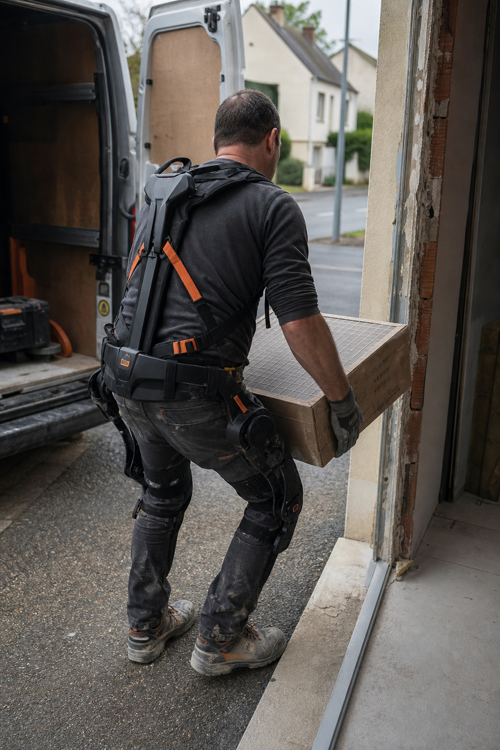 Carreleur portant un carton de carreaux, exosquelette de dos à sangles orange