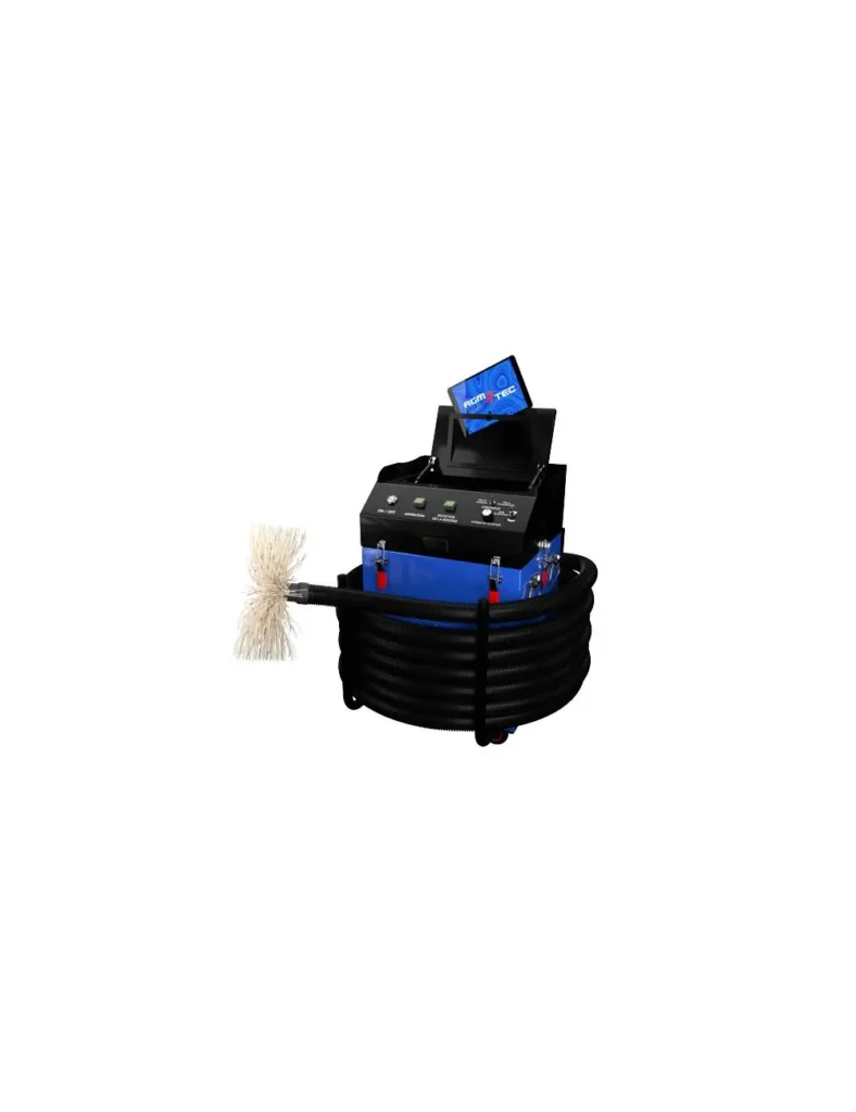 Poste de nettoyage de ventilation AGM TEC avec flexible d'aspiration enroulé, brosse rotative et écran de contrôle vidéo