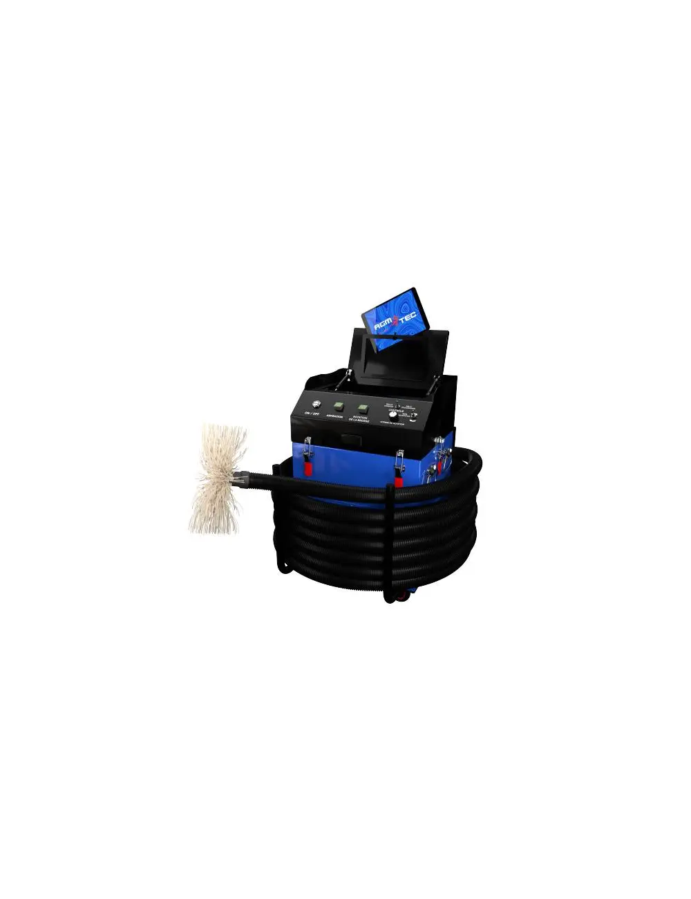 Poste de nettoyage de ventilation AGM TEC avec flexible d'aspiration enroulé, brosse rotative et écran de contrôle vidéo