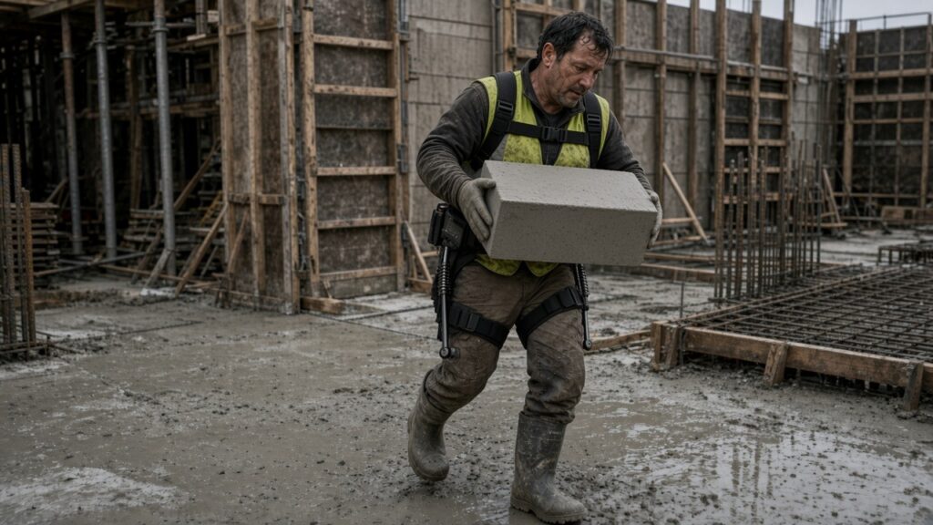 Ouvrier du BTP portant un bloc de béton sur un chantier de coffrage, équipé d'un exosquelette lombaire avec sangles d'épaules et de cuisses