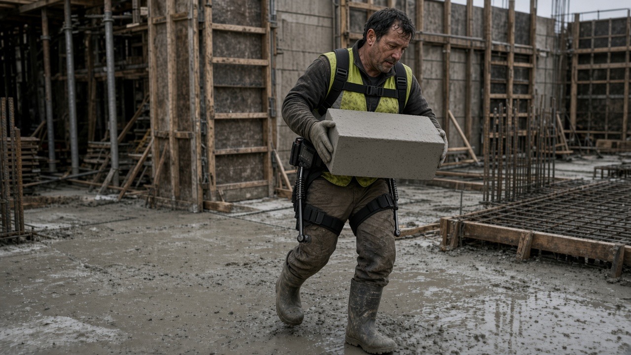 Ouvrier du BTP portant un bloc de béton sur un chantier de coffrage, équipé d'un exosquelette lombaire avec sangles d'épaules et de cuisses