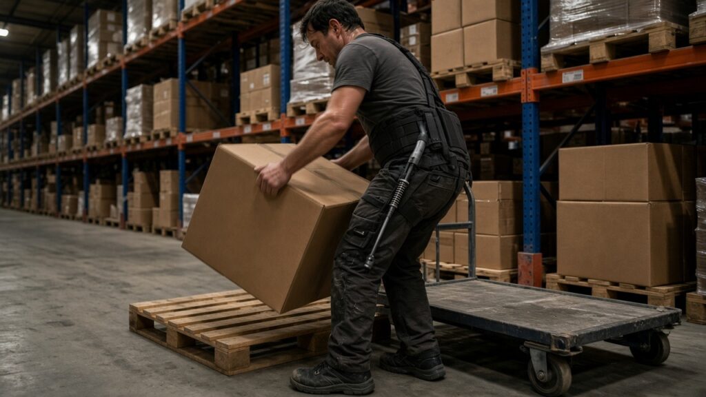 Opérateur logistique équipé d'un exosquelette lombaire soulevant un colis sur palette en entrepôt