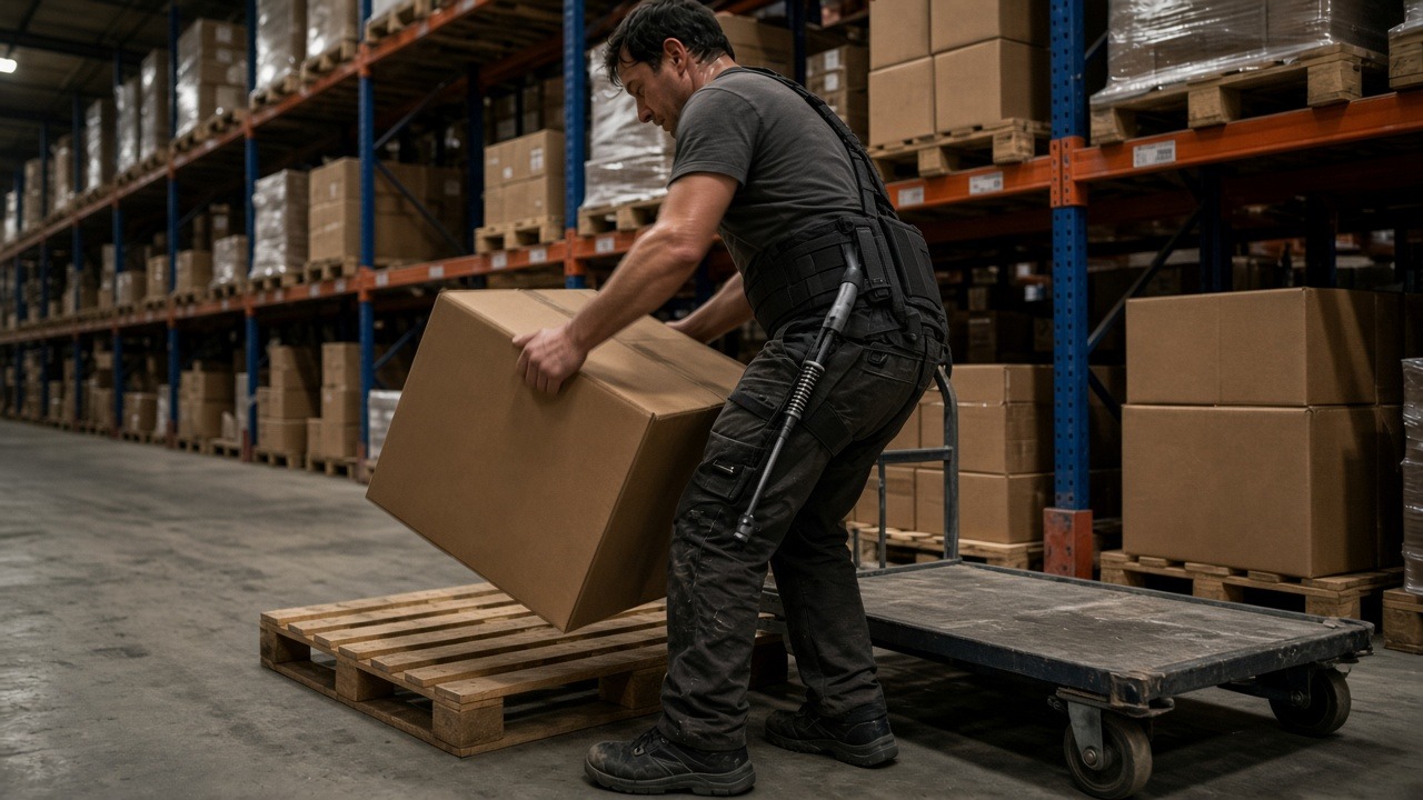 Opérateur logistique équipé d'un exosquelette lombaire soulevant un colis sur palette en entrepôt