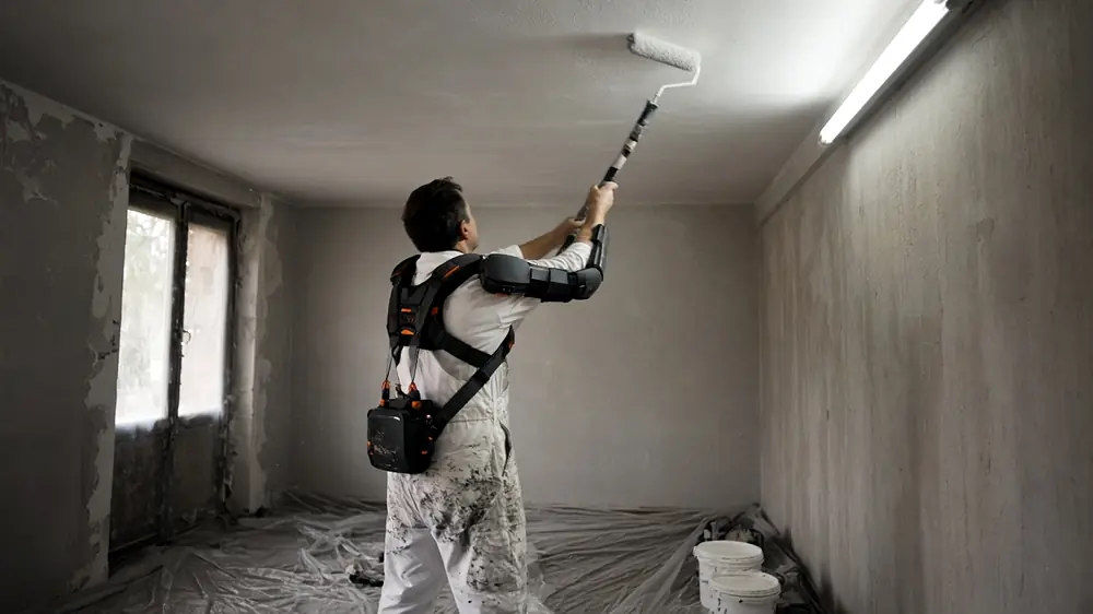 Peintre portant un exosquelette de bras pour peindre un plafond dans une pièce en travaux