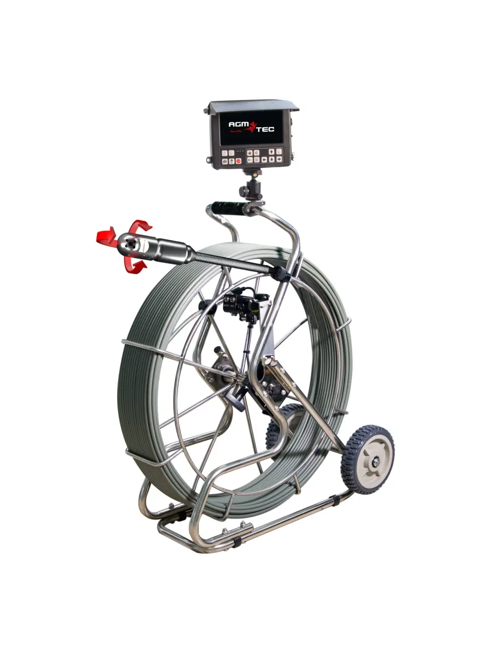 Cámara de inspección Tubicam XL 360 HD de AGM TEC sobre carrete con ruedas y monitor integrado