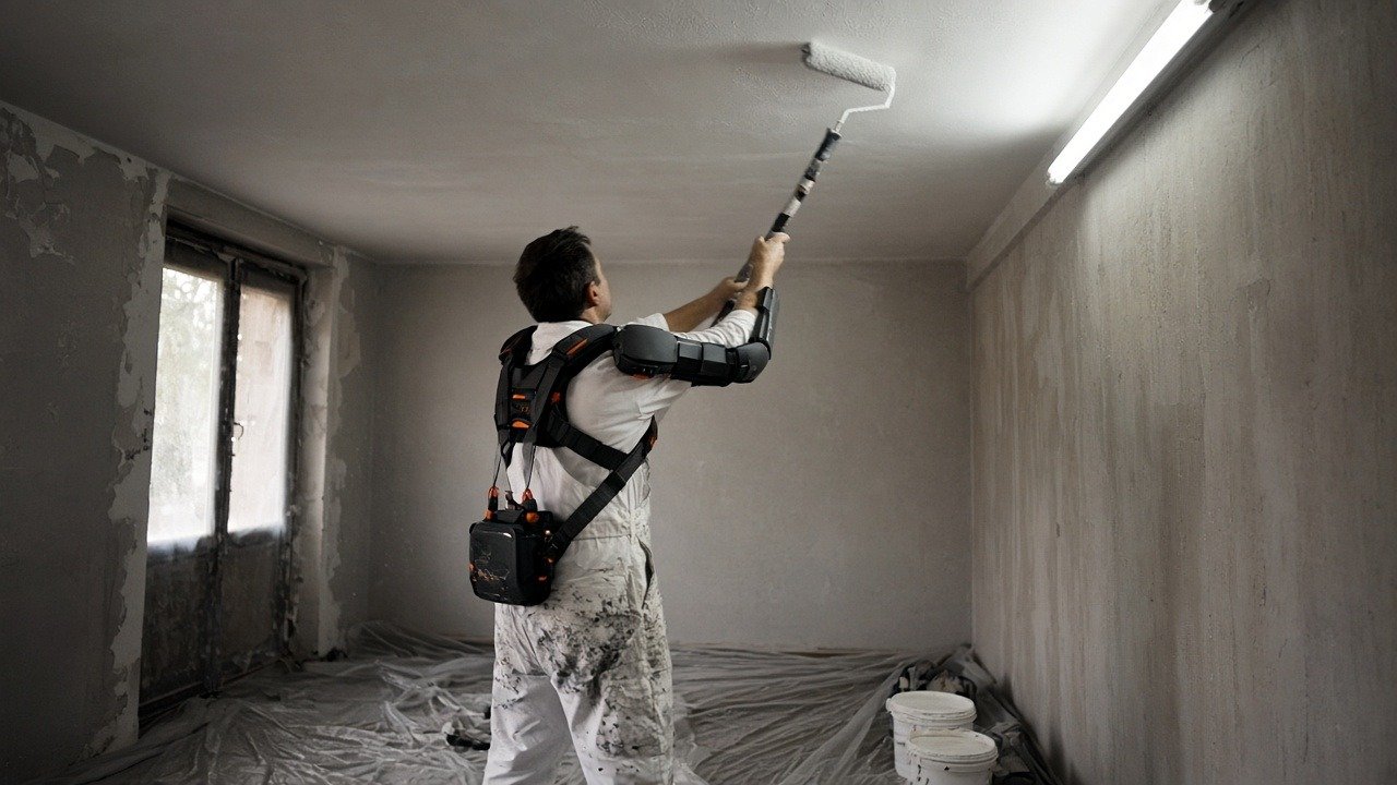 Peintre équipé d'un exosquelette de soutien du bras appliquant de la peinture au plafond dans un logement en travaux
