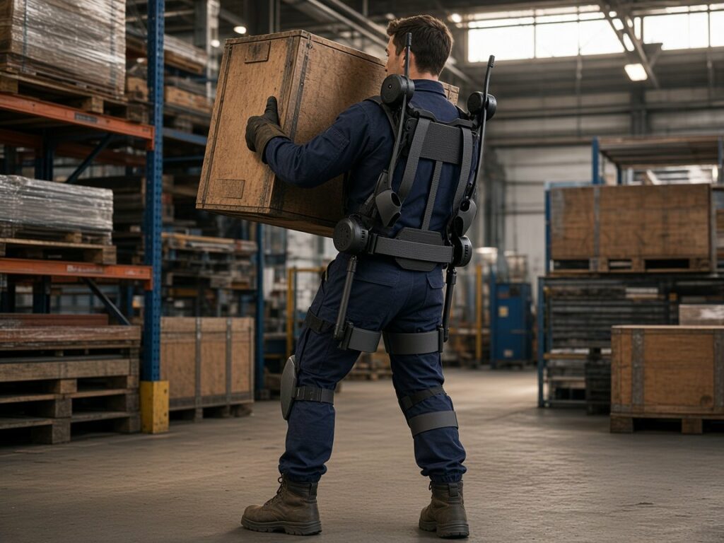 Opérateur équipé d'un exosquelette motorisé portant une caisse en bois dans un entrepôt, lors d'une manutention de matériaux